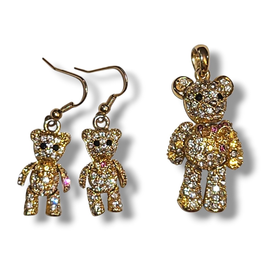 Gold Tone Teddy Bear Pendant & Earrings Set Rhinestone *As-Is *Missing Stones